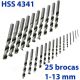 Juego de 25 brocas helicoidales HSS 4341. Medidas de1-13 mms